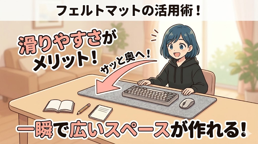 デスクマットの滑りやすいは逆にデスクスペースを作れるメリットです。