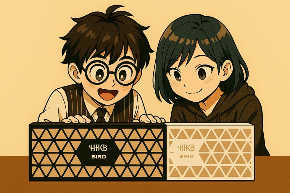 打鍵斎藤とリナがHHKBシリコンタイピングベッドの箱を一緒に開封しているイラスト