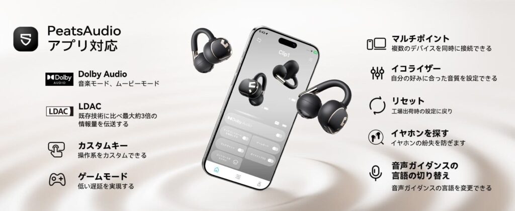 SOUNDPEATS Clip1の専用アプリPeatsAudioの機能一覧を紹介した画像