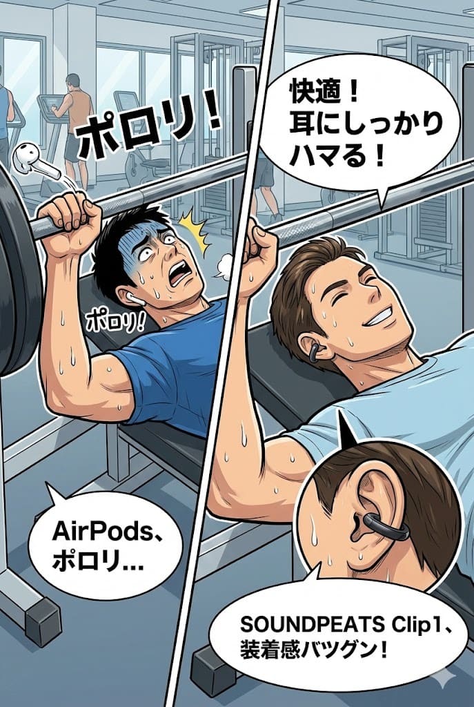 ジムでAirPodsが落ちる男性とSOUNDPEATS Clip1がしっかり装着できている男性を比較したイラスト