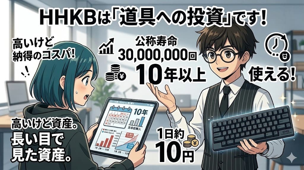 文字化けを解消。HHKBラボの打鍵斎藤とリナが10年使える資産とコスパを解説するイラスト
