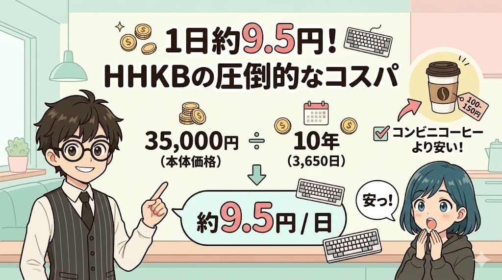 HHKBの10年使用コスト計算とコンビニコーヒーとの比較