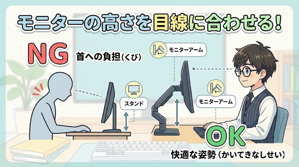 モニターの高さを目線に合わせる正しい設定方法の解説。
