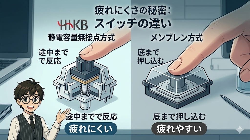 HHKBとメンブレンキーボードのキースイッチ構造の比較。静電容量無接点方式の疲れにくさを説明。