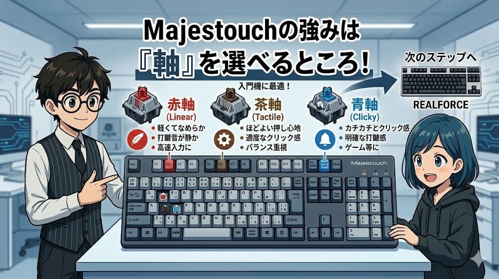 それぞれのキースイッチ軸（赤、茶、青）の特性と利点を明確に図解したイラスト。