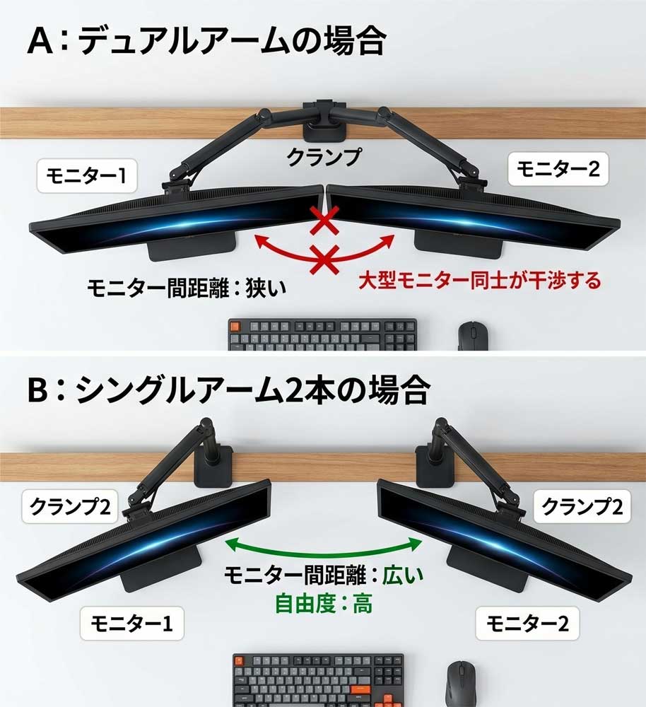 デュアルモニターアームとシングルモニターアーム2本の可動域の解説